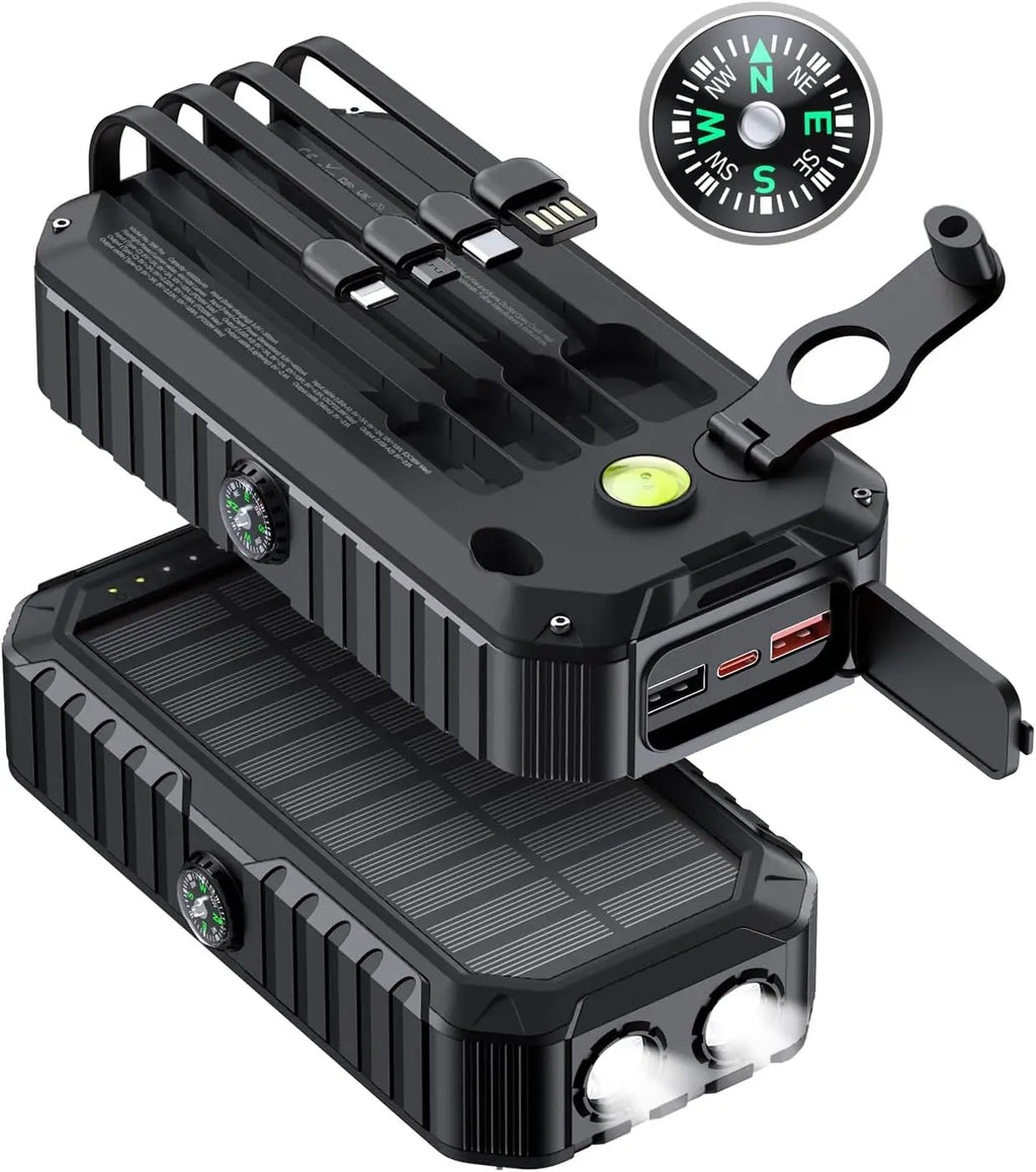 Solar Charger Power Bank 40000mAh Built in 4 Cables and Hand Crank,Portable Charger 6 Outputs & 4 Inputs External Battery Pack