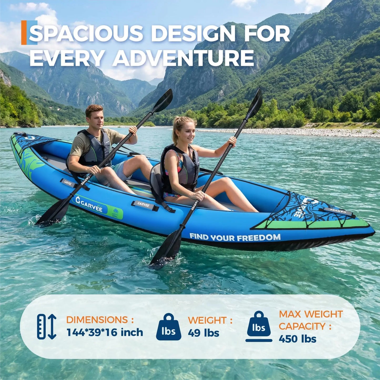2 Person Inflatable Kayak, Fishing Kayak for Adults with Padded Seats, 3 Fins, Hand Pump, Carry Bag & Repair Kit