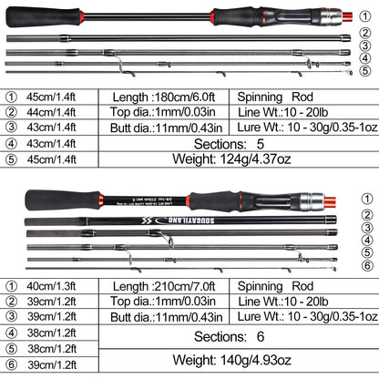 Sougayilang Fishing Rod 1.8/2..1m Spinning/Casting Rod Power M Carbon Rod Pole 5/6 Sections Travel Fishing Pole Fishing Tackle