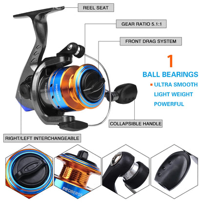 PROBEROS 1.5m-2.4m Fishing Rod and Reel Combo Kit Spinning Fishing Reel and Spinning Rods Fishing Line Lure Bag Hooks Full Set