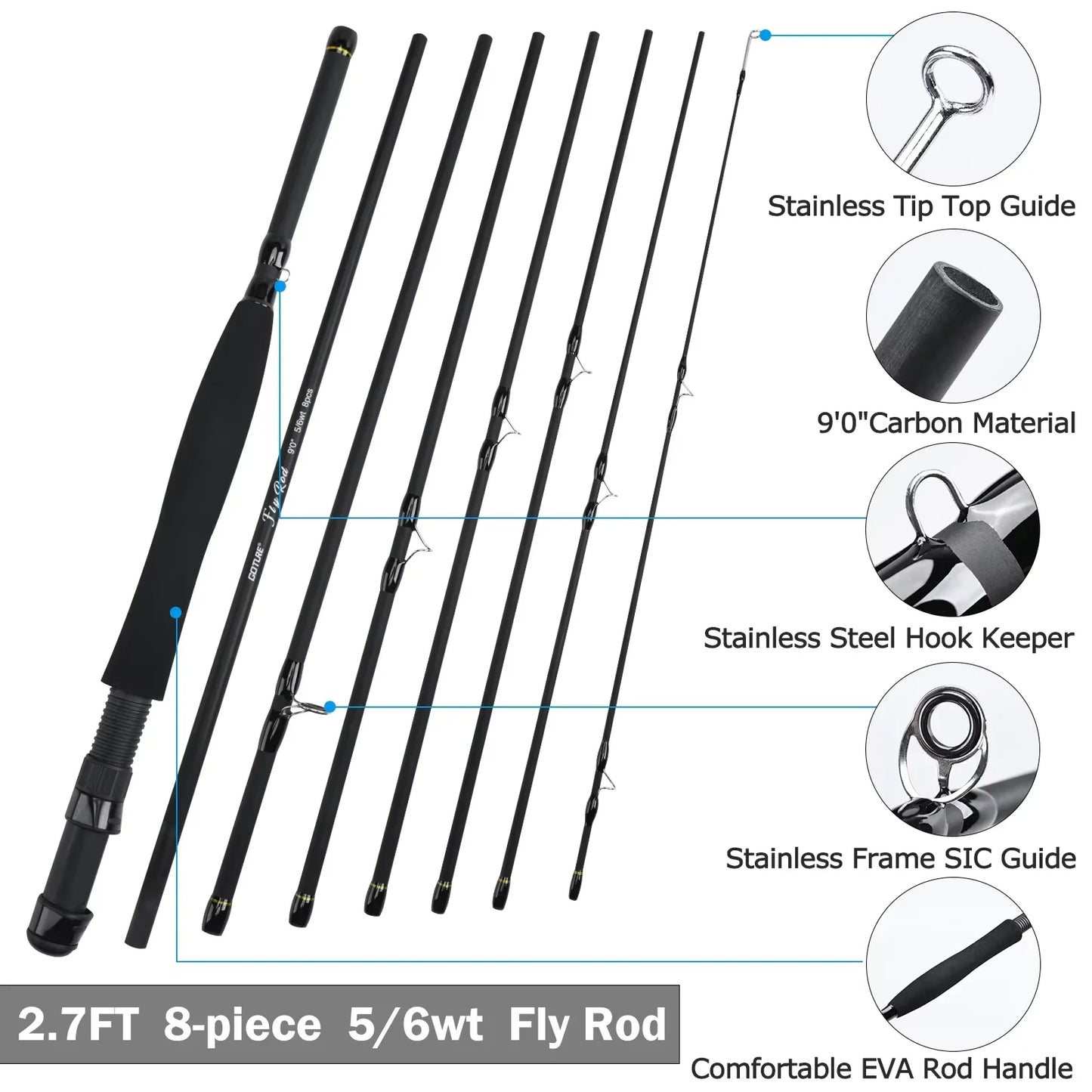 Goture #5/6 Travel Fly Fishing Rod 2.7M Multinodal Medium Fast Action Fly Rod Cork＆carbon Handle Ultralight Fishing Tackle