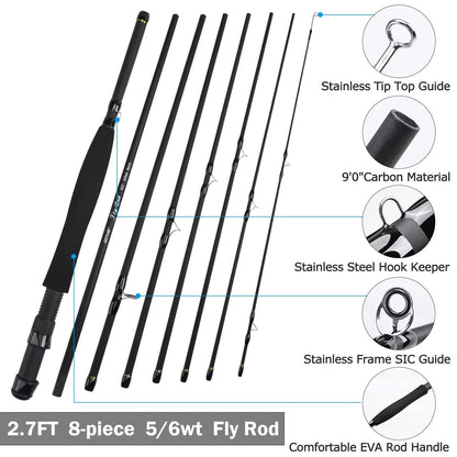 Goture #5/6 Travel Fly Fishing Rod 2.7M Multinodal Medium Fast Action Fly Rod Cork＆carbon Handle Ultralight Fishing Tackle