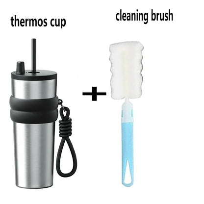 700ml/23oz Travel Thermos with Straw and Leak-Proof Lid, Stainless Steel Metal Water Bottle for Hot and Cold Coffee Drinks