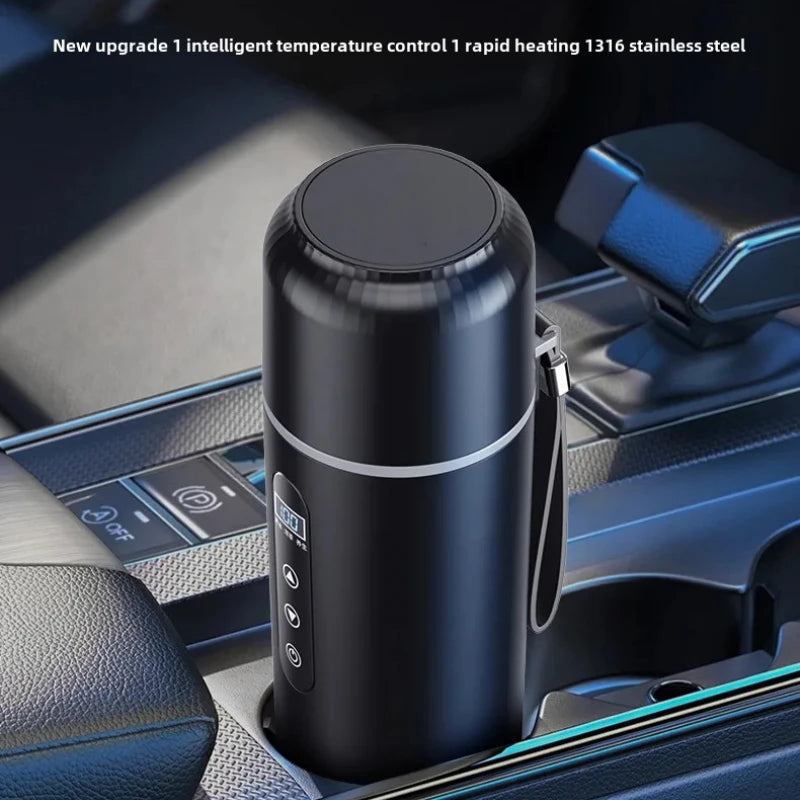 12V 24V Car Electric Heated Thermos 500ML, USB Heating Water Bottle, Portable Insulated Travel Cup for Driving & Work