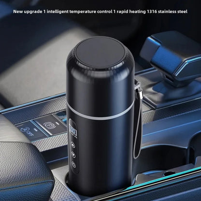 12V 24V Car Electric Heated Thermos 500ML, USB Heating Water Bottle, Portable Insulated Travel Cup for Driving & Work