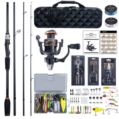 GOTURE Full Fishing Tackle Set 4-Piece Travel Rod Spinning Reel with 66pcs Lures Waterproof Hard Case for Freshwater Saltwater