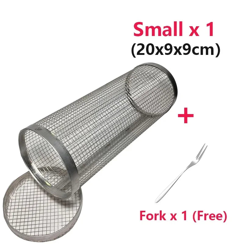 Rolling Bbq Basket- Greatest Grilling Basket Ever, Round Stainless Steel Grill Mesh, Camping Barbecue Rack For Vegetables,Fish