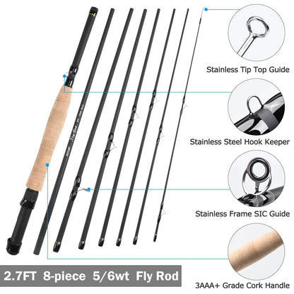Goture #5/6 Travel Fly Fishing Rod 2.7M Multinodal Medium Fast Action Fly Rod Cork＆carbon Handle Ultralight Fishing Tackle