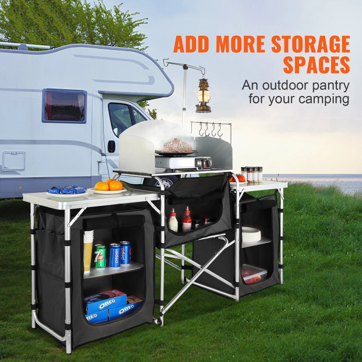 SucceBuy Camping Outdoor Kitchen Table Cabinet Foldable Folding Cooking Storage Rack X-Shaped Aluminum Alloy Bracket for BBQ