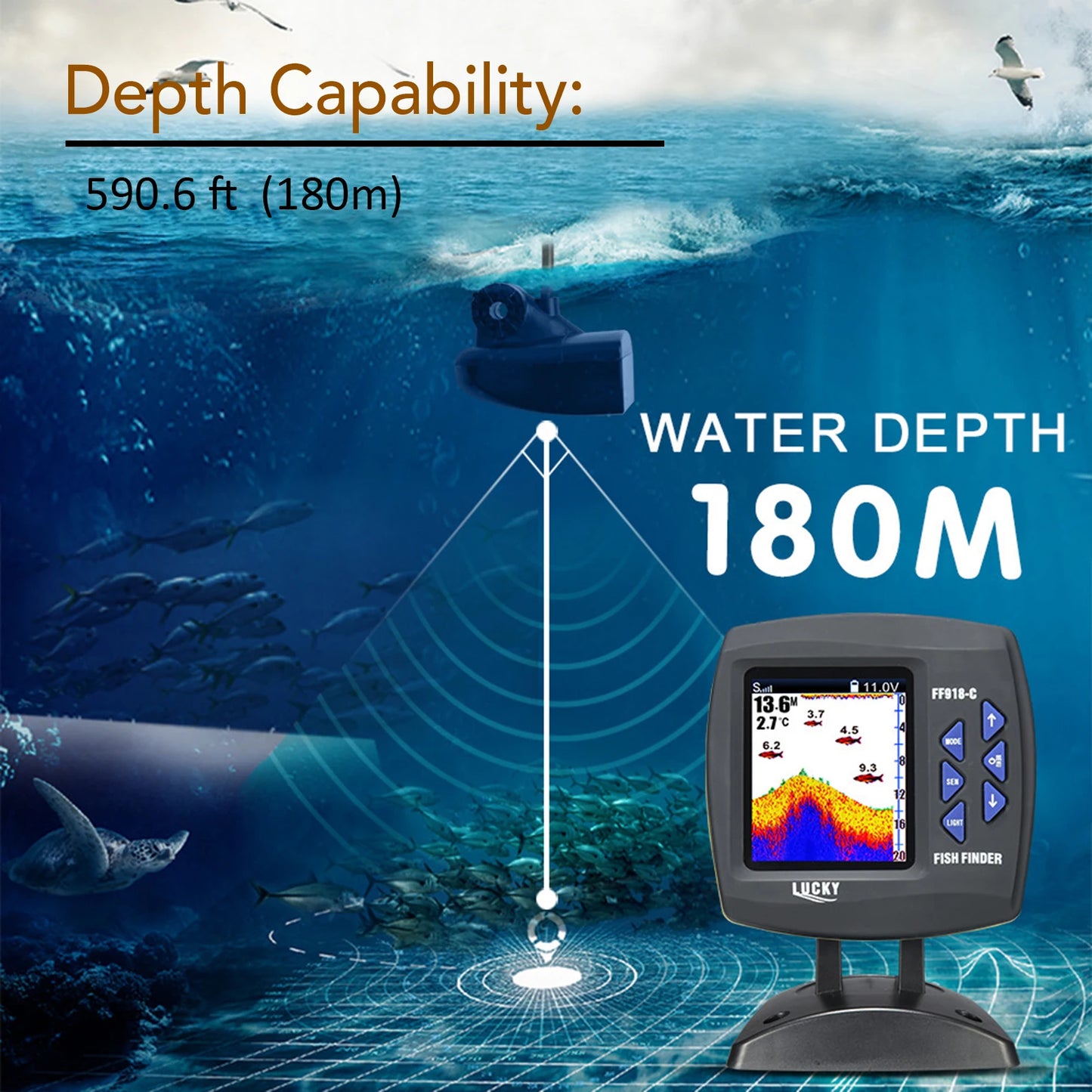 Portable Fish Finder Wireless Sonar Sensor Fishing Depth Finder Locator Fishfinder with Wired Transducer for Boat Kayak Fishing