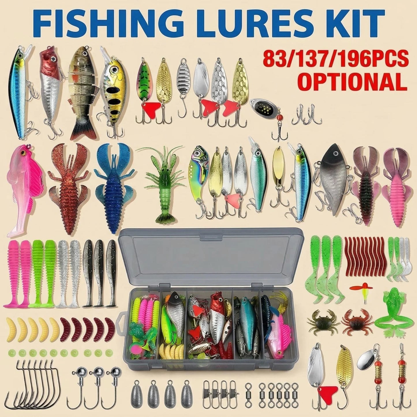 Fishing Lure Kit 83/137/193pcsFor Trout Pike Bass Multi Lure Set With Soft Lure Metal Spoons Minnow Crankbait Layered Tackle Box