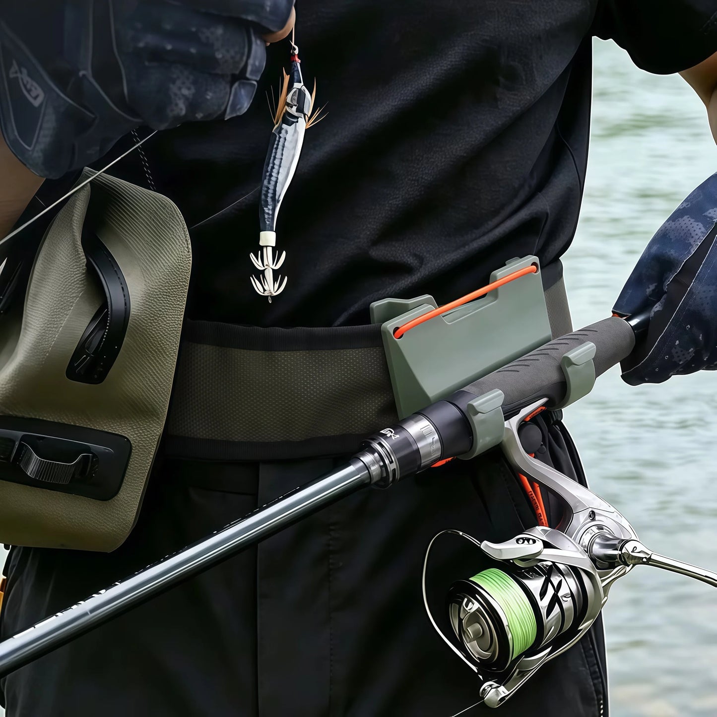 DEUKIO Outdoor Belt Clip Rod Holder Hands-Free Slide Lock System with 360° Rotation for Fly Fishing and Spinning Rods