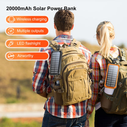 Solar Power Bank Wireless Charger 20,000mAh,Portable Solar Powered USB C Input/Output with Camping Flashlight for Cell Phone