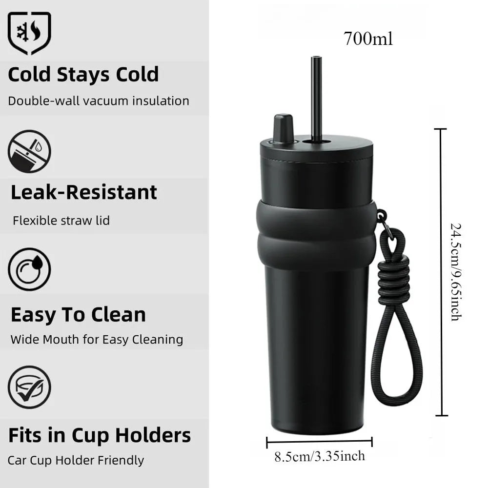 700ml/23oz Travel Thermos with Straw and Leak-Proof Lid, Stainless Steel Metal Water Bottle for Hot and Cold Coffee Drinks