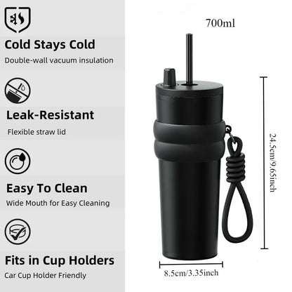 700ml/23oz Travel Thermos with Straw and Leak-Proof Lid, Stainless Steel Metal Water Bottle for Hot and Cold Coffee Drinks