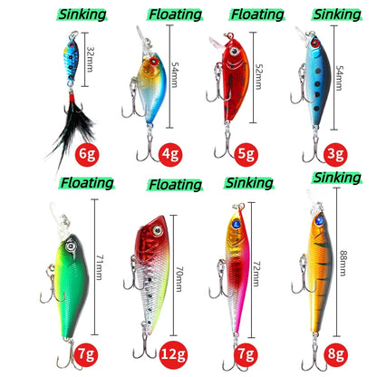 8pcsFishing Lure Set Hard Bait Kit - Minnow Popper Pencil Crankbait Swimbait Wobblers Artificial Bionic Tackle for Bass Trout