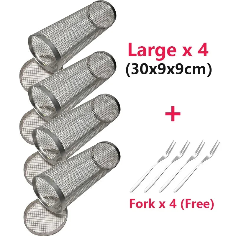 Rolling Bbq Basket- Greatest Grilling Basket Ever, Round Stainless Steel Grill Mesh, Camping Barbecue Rack For Vegetables,Fish