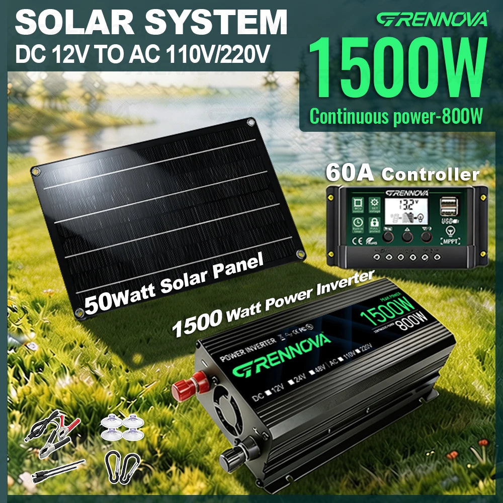 Solar Power System Kit 1500W Inverter 12V To 110V 220V 50W Panel 60A Controller for Charging Phone Powering Coolers Camping Gear