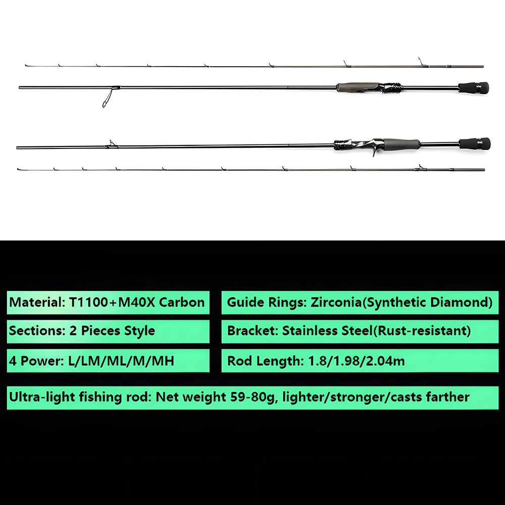 Ultra-light T1100 Carbon Fiber Lure Fishing Rod for Carp Bass Trout,L ML M MH 1.8m 1.98m 2.04m Fishing Pole,Spinning Casting Rod