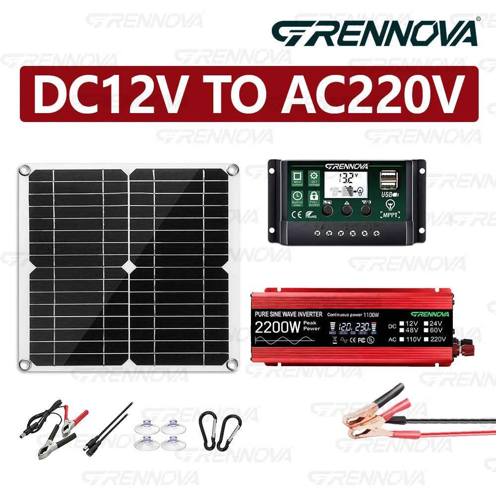 Portable Solar Power Station Kit 2200W Pure Sine Wave Inverter  30W Panel 60A Controller Small Appliances for RV Camping Balcony