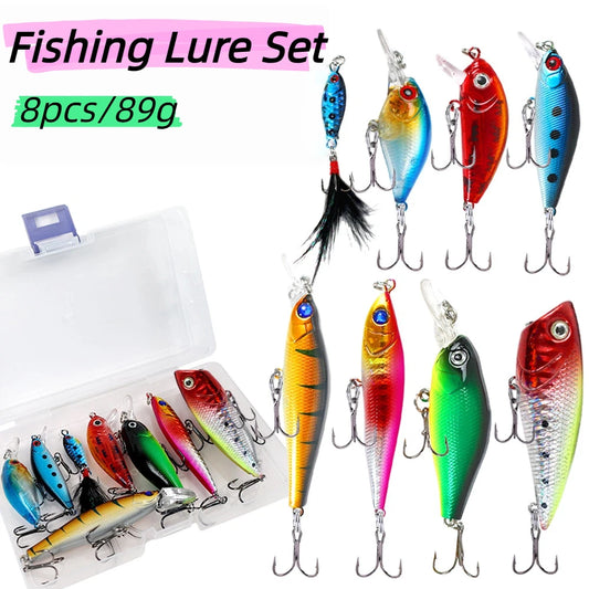 8pcsFishing Lure Set Hard Bait Kit - Minnow Popper Pencil Crankbait Swimbait Wobblers Artificial Bionic Tackle for Bass Trout