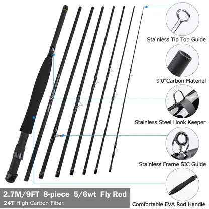 Goture #5/6 Travel Fly Fishing Rod 2.7M Multinodal Medium Fast Action Fly Rod Cork＆carbon Handle Ultralight Fishing Tackle