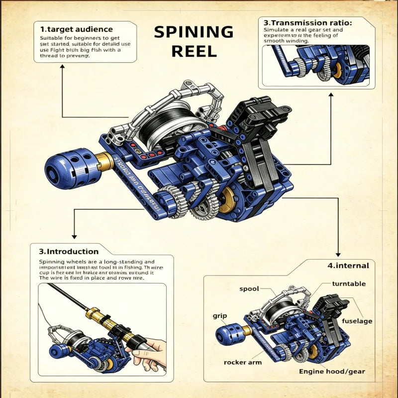 Rotating fishing rod building block set, realistic mechanical model building block toy with gear system, DIY assembly building b