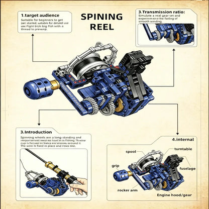 Rotating fishing rod building block set, realistic mechanical model building block toy with gear system, DIY assembly building b