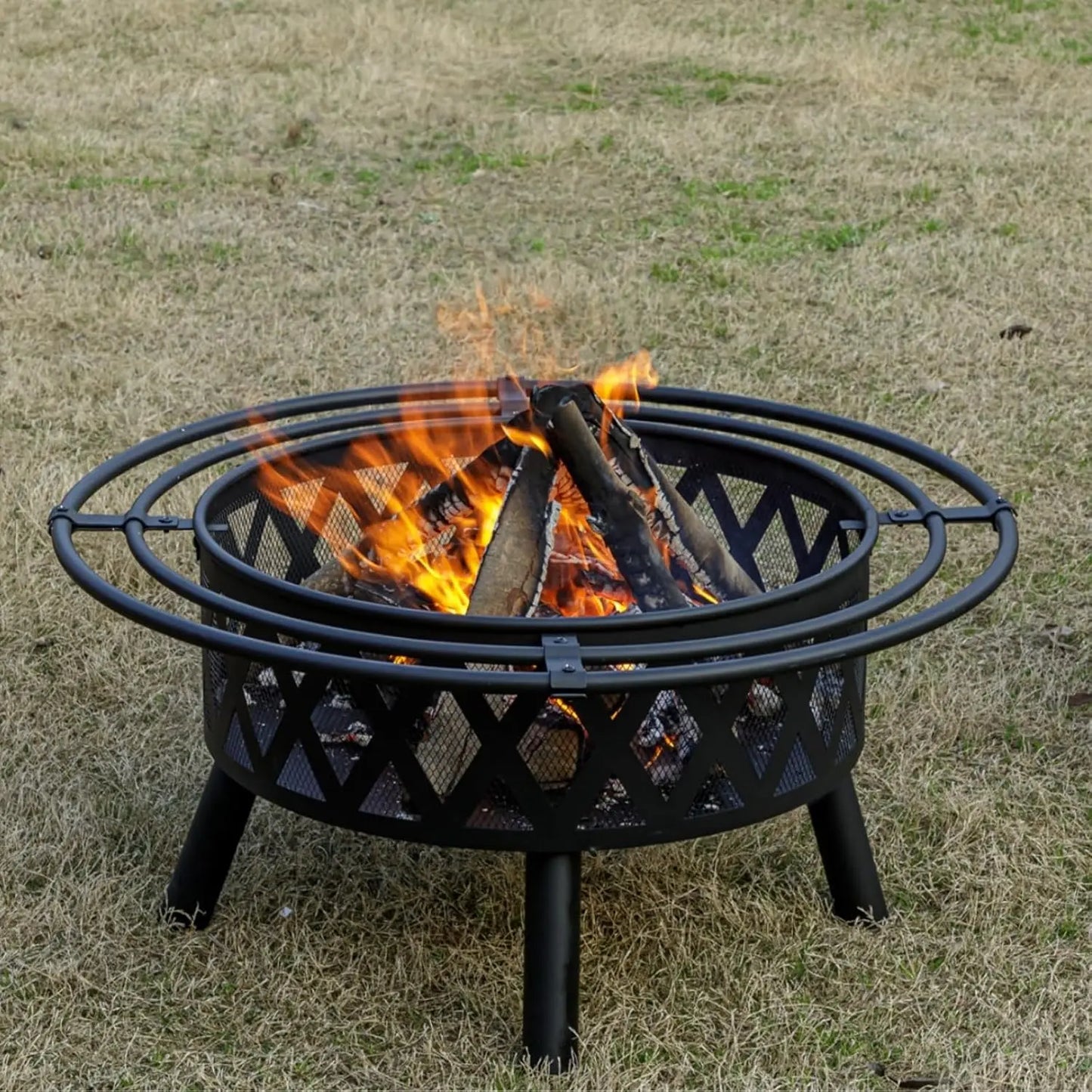 36 Inch Wood Burning Fire Pit with 2 Loops, Outdoor Fire Pit with Spark Screen & Fire Poker, Cross Weave Firepit for Outside
