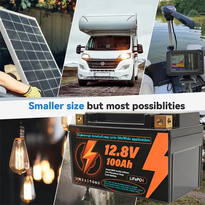 New LiFePo4 12V 100Ah Lithium Iron Phosphate Battery Built-in 200A BMS, for Solar Marine Overland Off-Grid LiFePo4 Battery