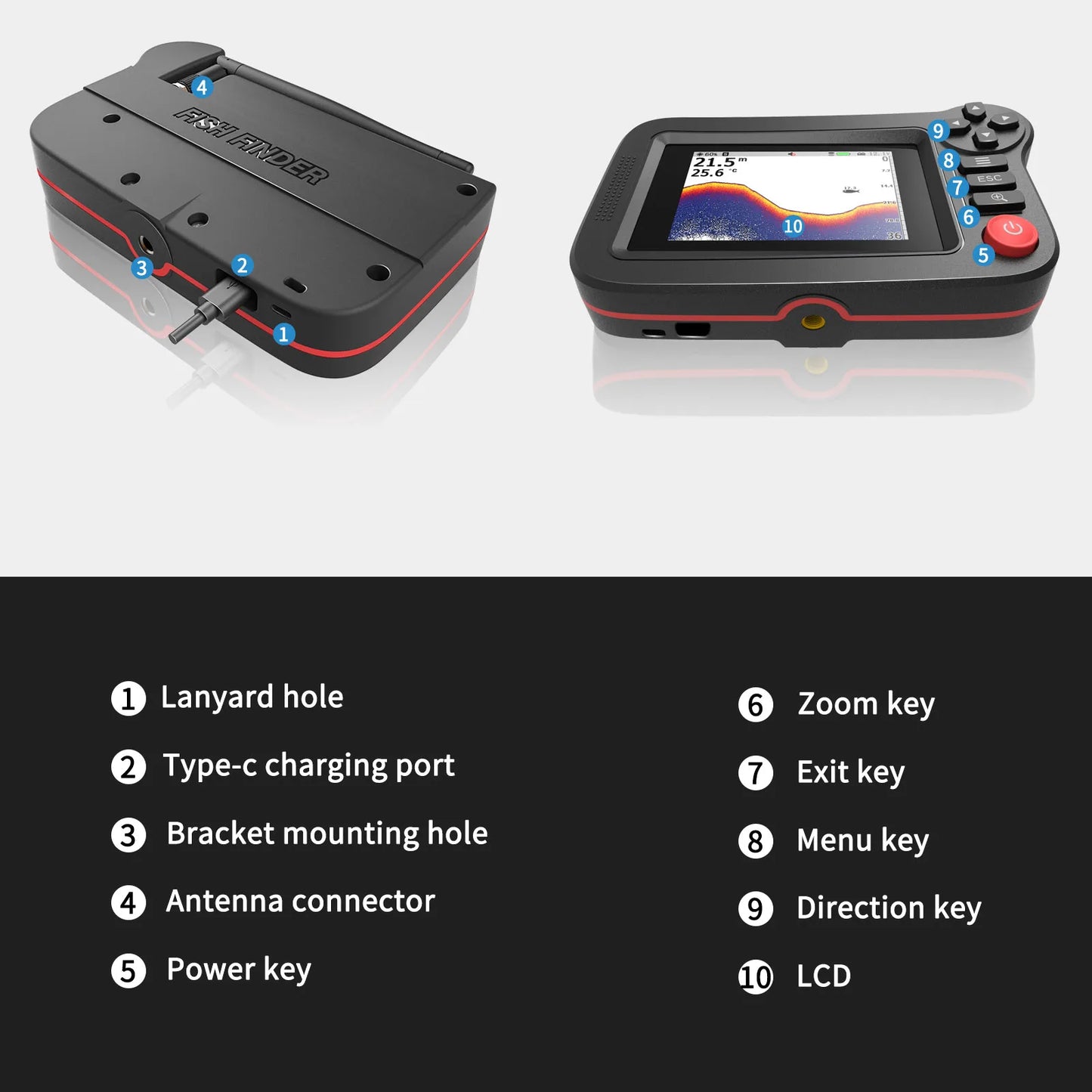 FindFish 200M Portable Fish Finder Transducer Sonar Sensor Water Depth Finder LCD Screen Echo Sounder Fishfinder with Fish