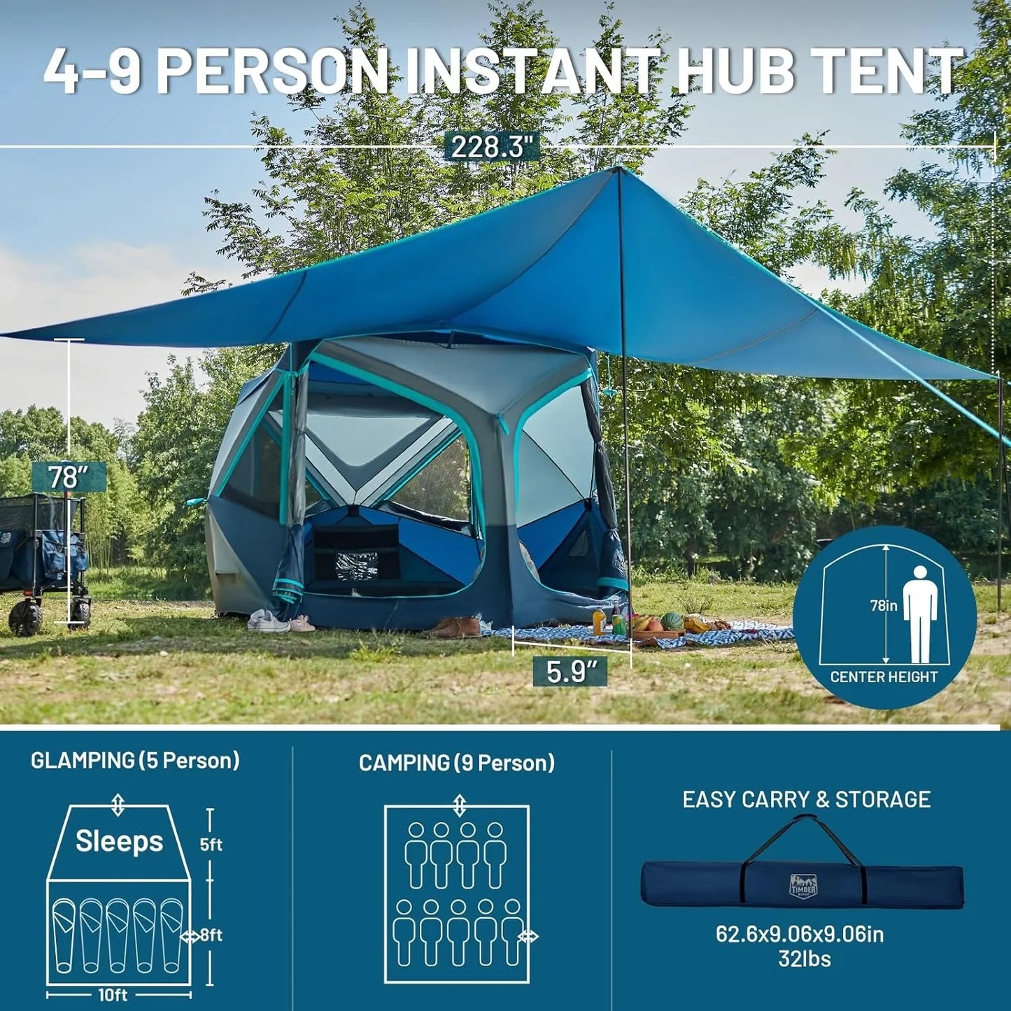 Instant Pop Up Cabin Tent for 4 6 8 People 60 Second Setup Weather Resistant with Rain Fly Carry Bag