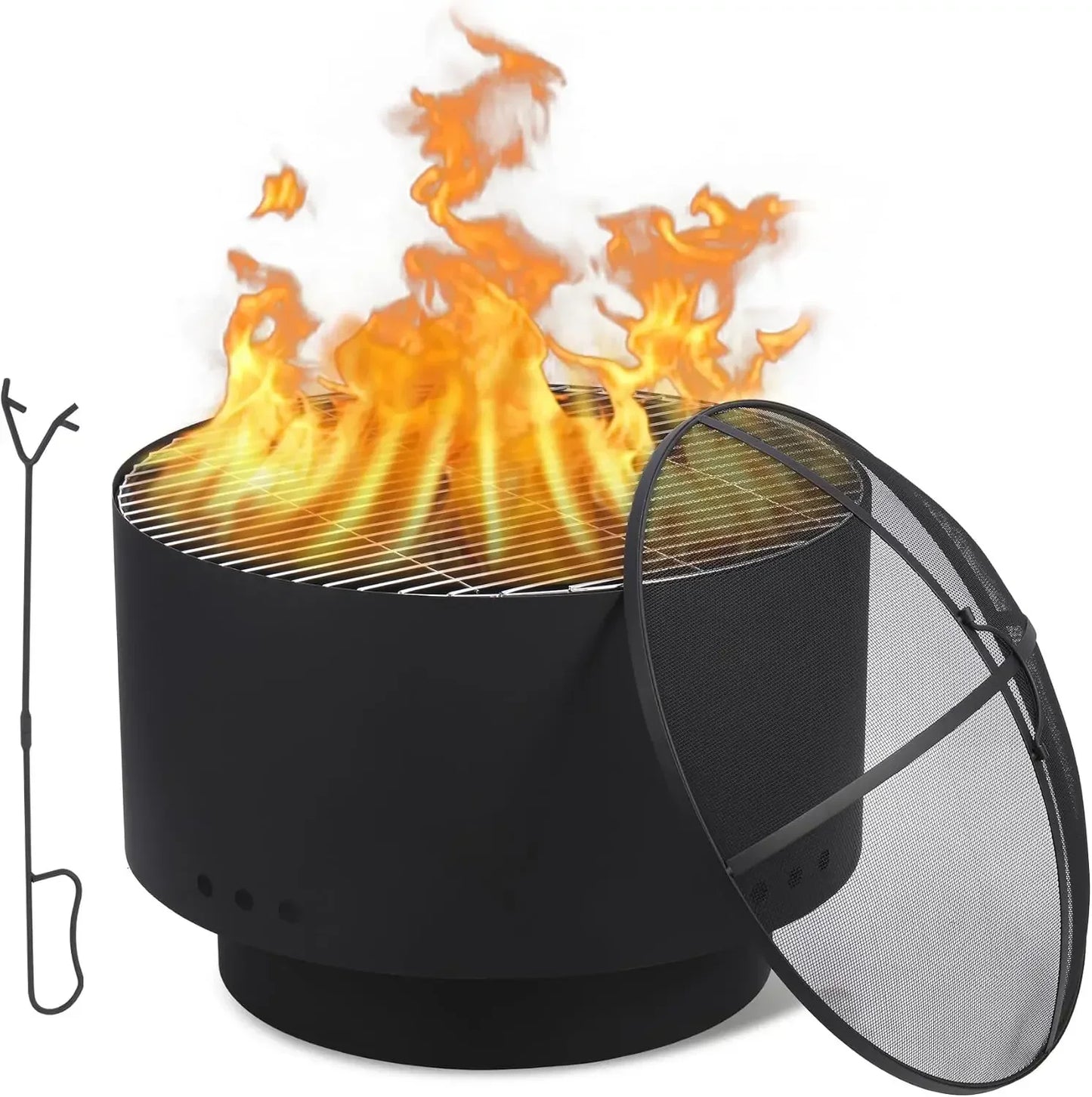 26 inch Fire Pit, Outdoor Smokeless Fire Pits for Wood Burning, Mesh Lid, Cooking Grate, Cover, Portable Patio Bonfire Pit for O