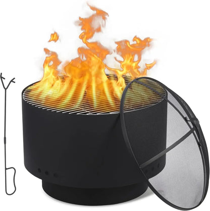 26 inch Fire Pit, Outdoor Smokeless Fire Pits for Wood Burning, Mesh Lid, Cooking Grate, Cover, Portable Patio Bonfire Pit for O