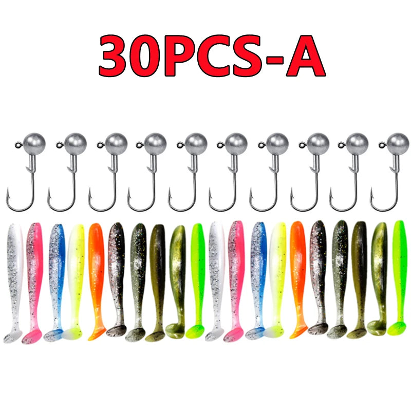 New 50/30/15PC Soft Fishing Lures Kit Silicone Lure Set Artificial Bait Worm with Crank Jig Head Hook Fishing Tackle Accessories