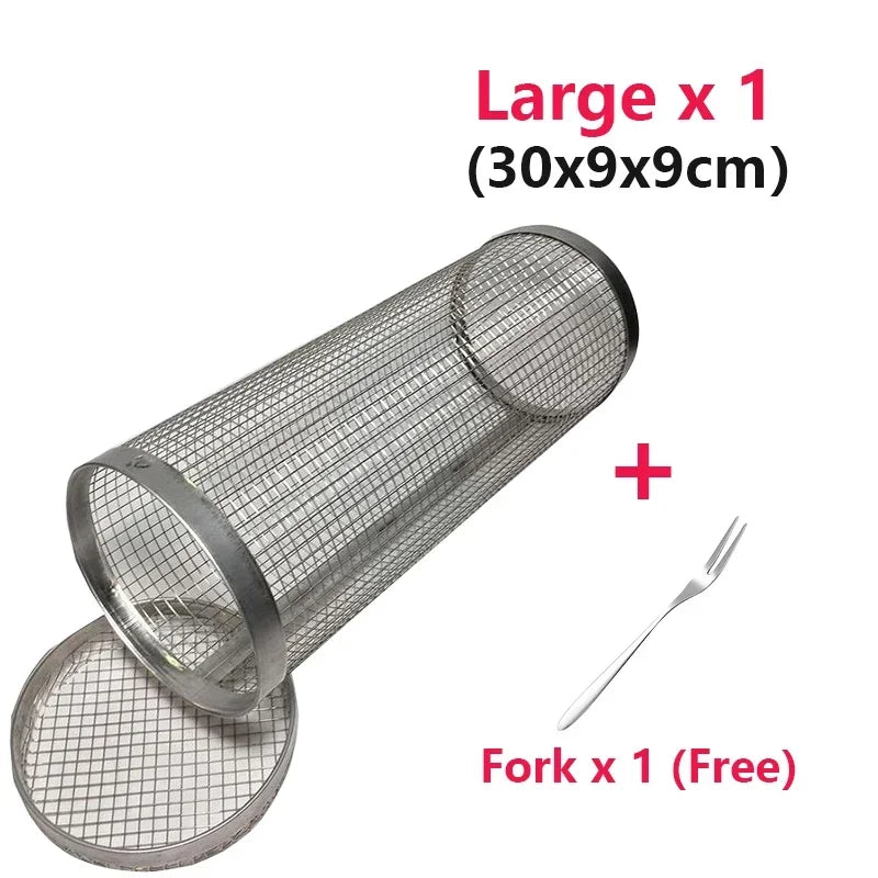 Rolling Bbq Basket- Greatest Grilling Basket Ever, Round Stainless Steel Grill Mesh, Camping Barbecue Rack For Vegetables,Fish
