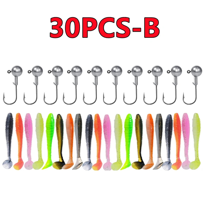 New 50/30/15PC Soft Fishing Lures Kit Silicone Lure Set Artificial Bait Worm with Crank Jig Head Hook Fishing Tackle Accessories