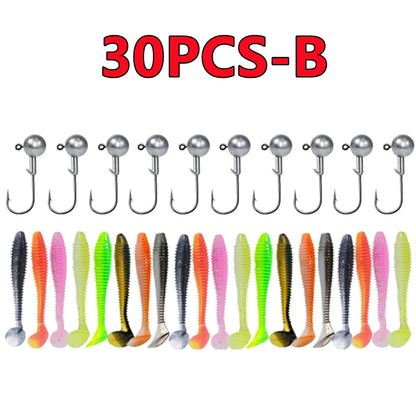 New 50/30/15PC Soft Fishing Lures Kit Silicone Lure Set Artificial Bait Worm with Crank Jig Head Hook Fishing Tackle Accessories