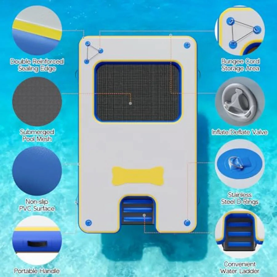 Inflatable Floating Dock for Pool Lake Beach Ocean, PVC Non-Slip Surface, Gray, Ultra-Stable Air Dock Platform with Rope Ladder