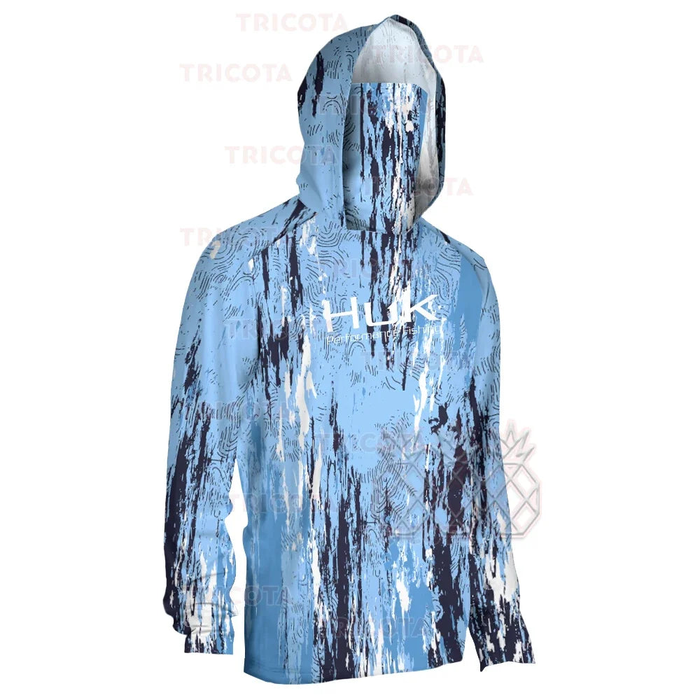 Fishing Shirts Men Hooded Mask Fish Tops Wear Breathable Clothes Summer Long Sleeve Fishing Shirt Anti-UV Camisa De Pesca