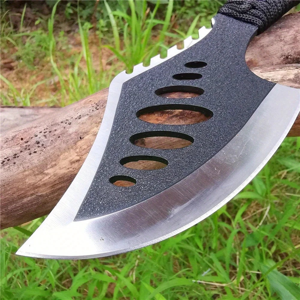 Portable Outdoor Jungle Camping Axe & Knife - Non-Slip Handle, Full Tang Stainless Steel Blade (58HRC) with Nylon Sheath, 27CM H