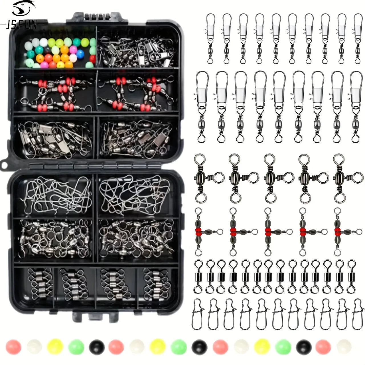 140 piece fishing gear kit, stainless steel swivel and float equipped snap button, durable black box suitable for anglers