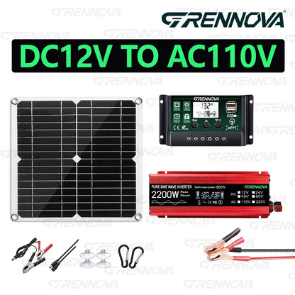 Portable Solar Power Station Kit 2200W Pure Sine Wave Inverter  30W Panel 60A Controller Small Appliances for RV Camping Balcony