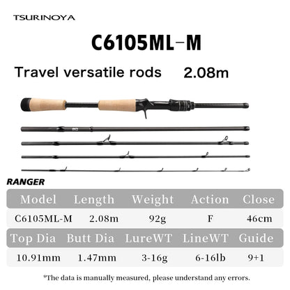 TSURINOYA Travel Fishing Rod RANGER 2.08m 2.09m 2.21m L-ML、ML-M FUJI A Guide Fast Action Portable Spinning Casting Bass Rod