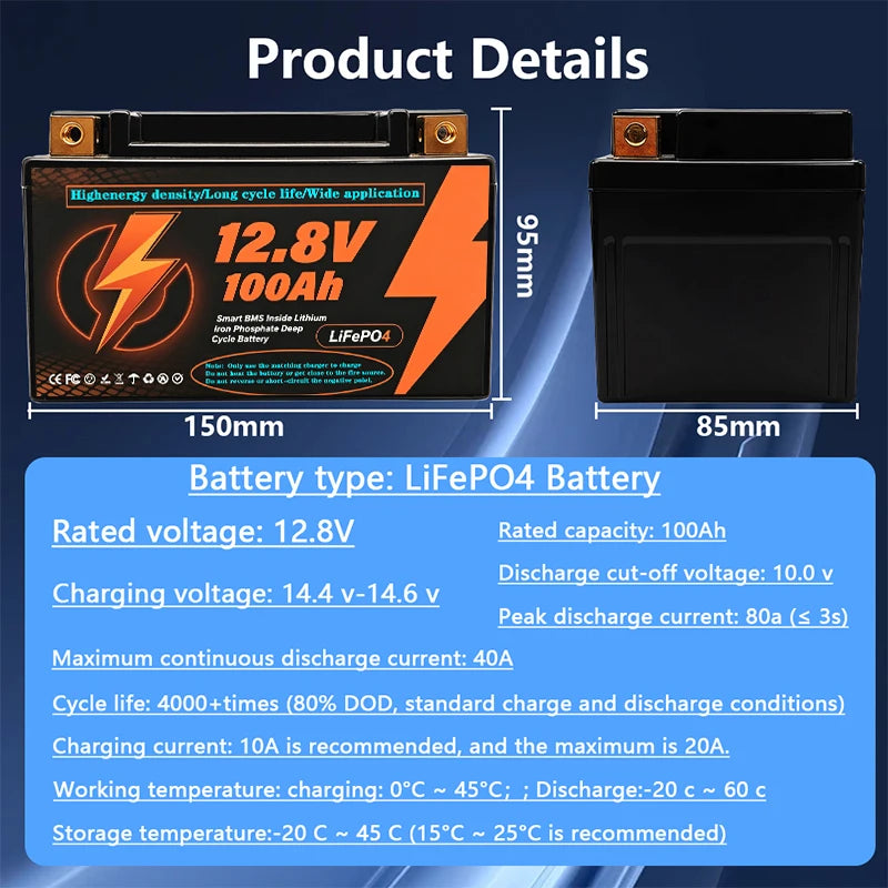 New LiFePo4 12V 100Ah Lithium Iron Phosphate Battery Built-in 200A BMS, for Solar Marine Overland Off-Grid LiFePo4 Battery