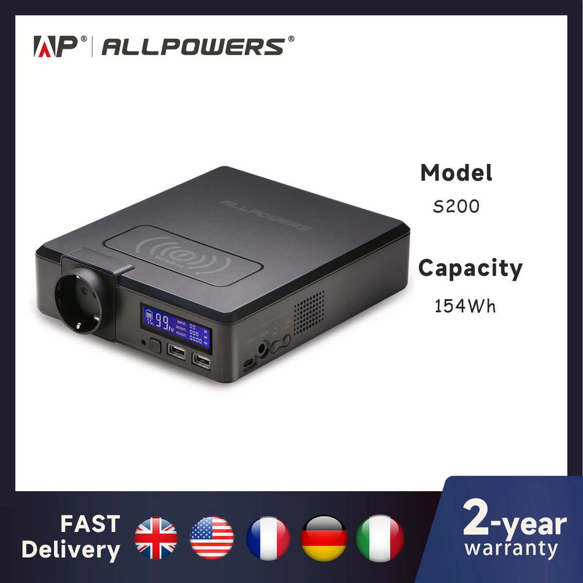 ALLPOWERS Solar Powerbank 154Wh 41600mAh  External Battery Charger Powerstation 200W Portable Generator Emergency Backup Power