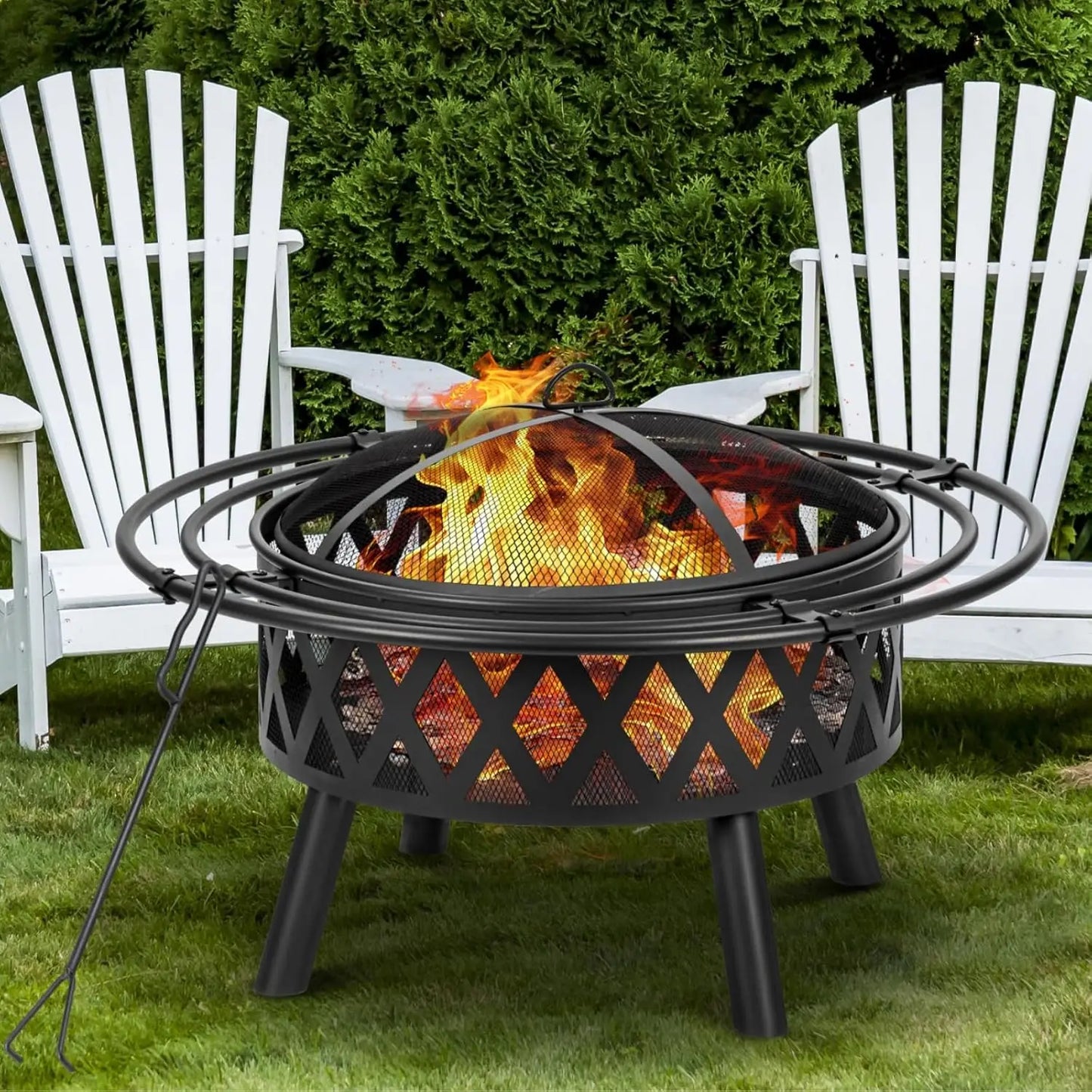 36 Inch Wood Burning Fire Pit with 2 Loops, Outdoor Fire Pit with Spark Screen & Fire Poker, Cross Weave Firepit for Outside