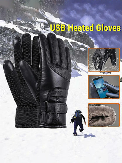 Leather Electric Heating Gloves Waterproof Outdoor Warm Hand Heating Gloves Touchscreen Hand Warmer for Hiking Skiing Fishing