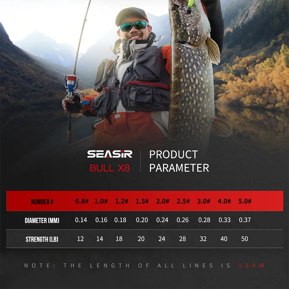 Seasir RedBull 8 Braided Pe Fishing Line 150M 0.8-5.0 12-50LB Japan Quality Multifilament High Stength Strands Main Line