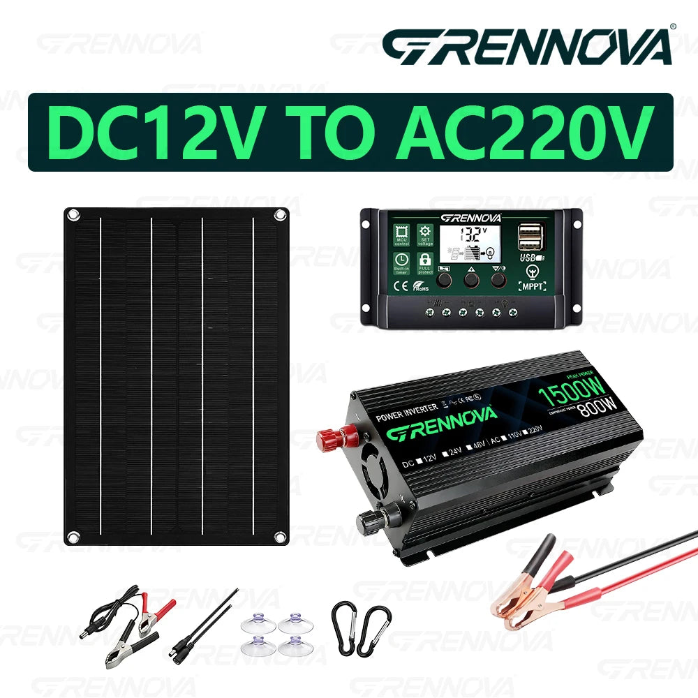 Solar Power System Kit 1500W Inverter 12V To 110V 220V 50W Panel 60A Controller for Charging Phone Powering Coolers Camping Gear